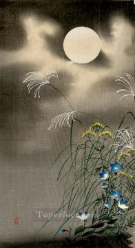  luna - decoración floral de luna y flores azules Ohara Koson
